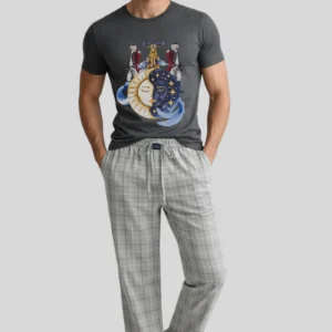 Men’s Grey Graphic Print T-Shirt & Checked Cotton Lounge Trouser Set