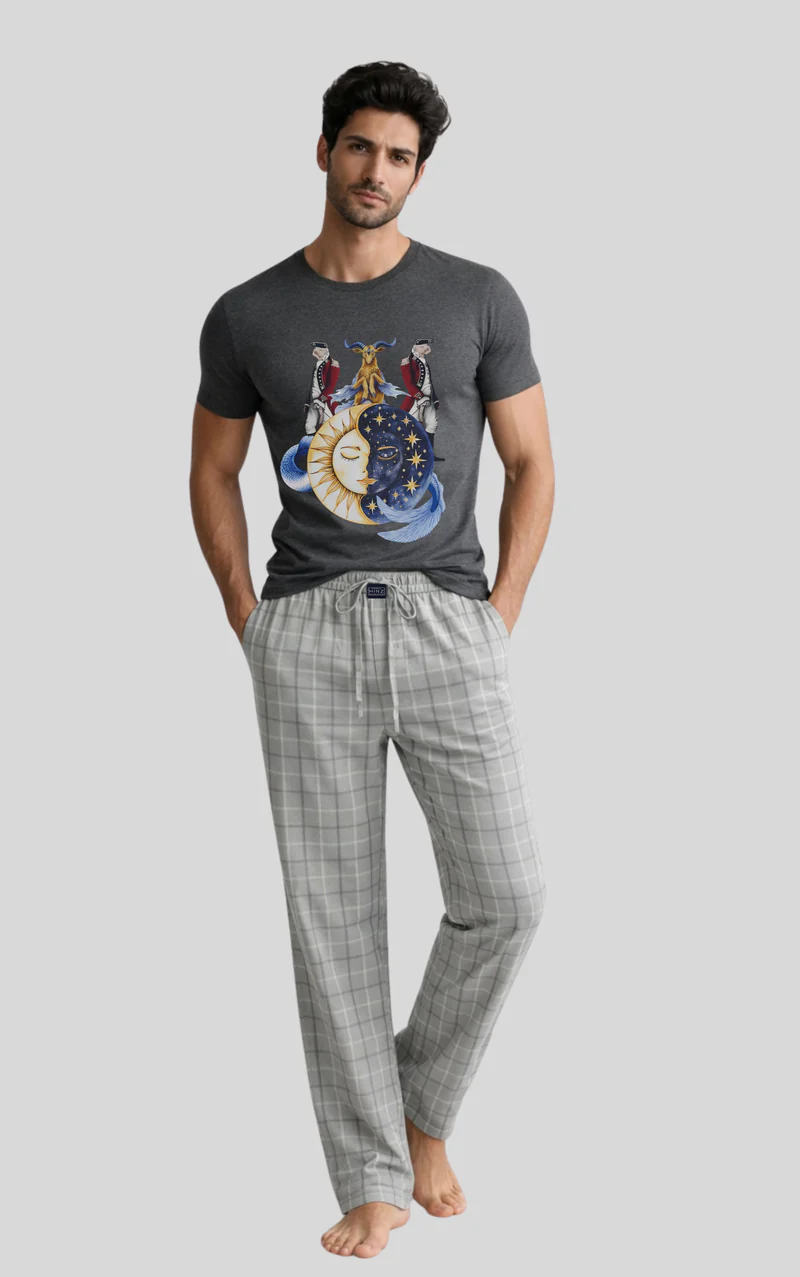 Men’s Grey Graphic Print T-Shirt & Checked Cotton Lounge Trouser Set