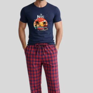 Men’s Navy Graphic Print T-Shirt & Red Check Cotton Lounge Trouser Set