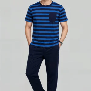 Men T Shirt Navy & R-Blue Stripe And Navy Trouser
