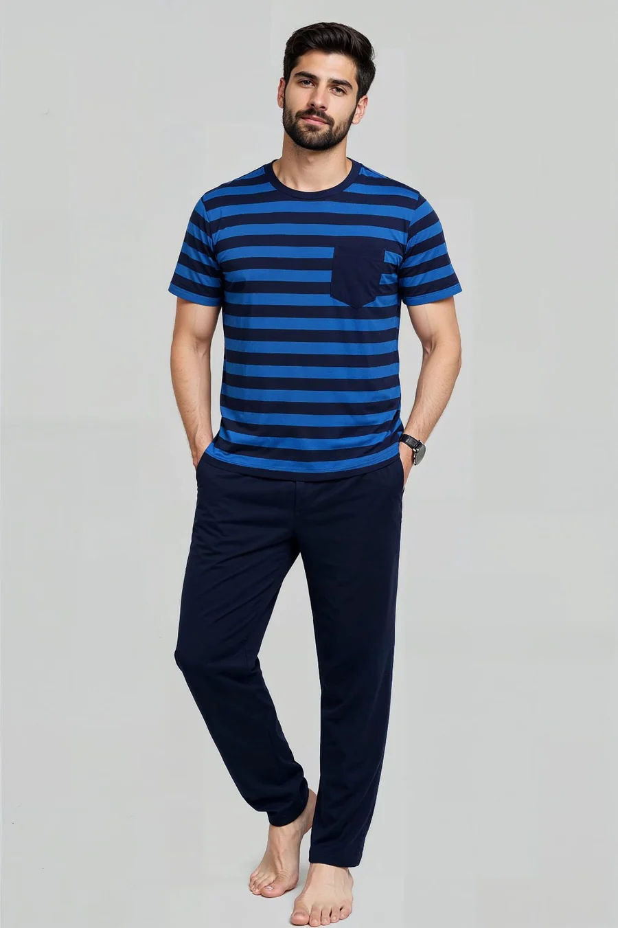 Men T Shirt Navy & R-Blue Stripe And Navy Trouser
