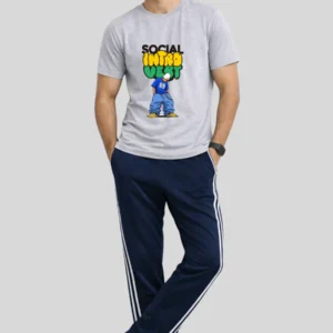 Men’s Graphic Lounge Set – Grey T-Shirt & Navy Stripe Pajama Trouser