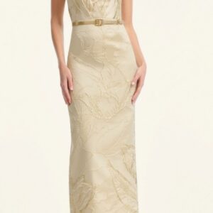 Dress the Population Kahlani Draped Belted Sheath Gown