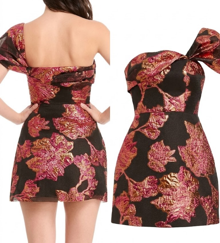 Olive One-Shoulder Brocade Minidress