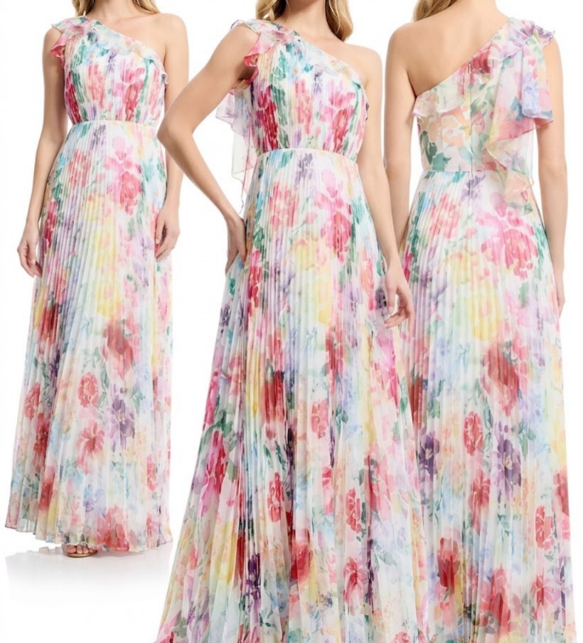 Sleeveless One Shoulder Ruffle Fit-and-Flare Gown